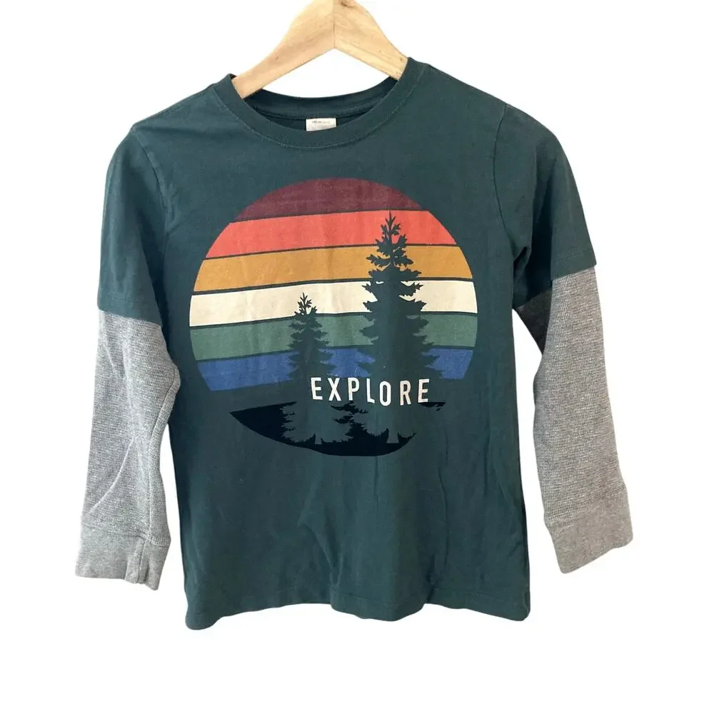 Hanna Andersson Explore Trees Sueded Jersey Art Doublelsleeve Tee 10 140cm